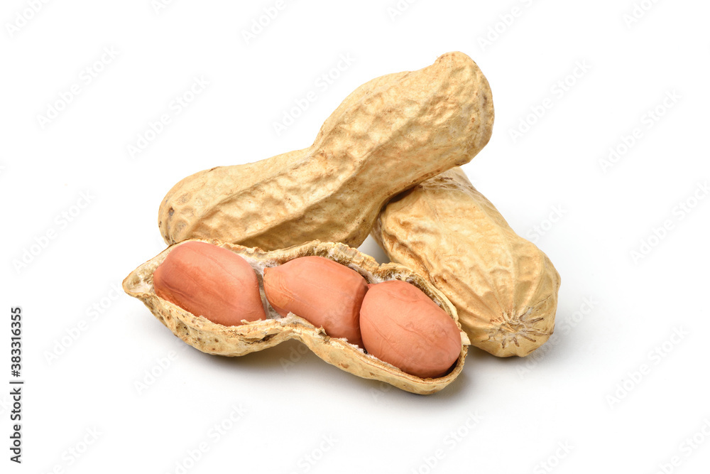 Close-up of peanuts isolated on white background.
