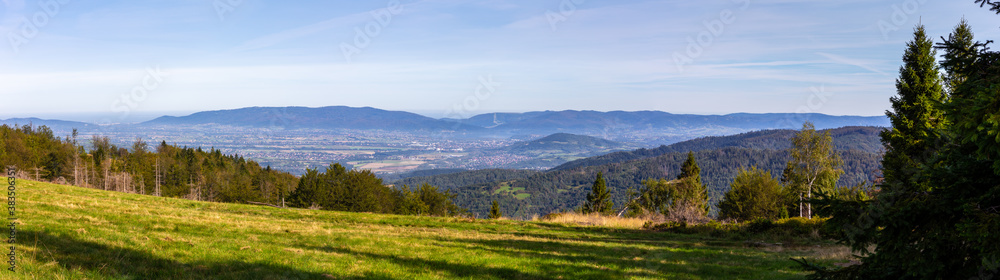 Zywiec Basin (Valley) panorama in Beskid Mountains, Poland, with green forests, meadows and Zywiec L