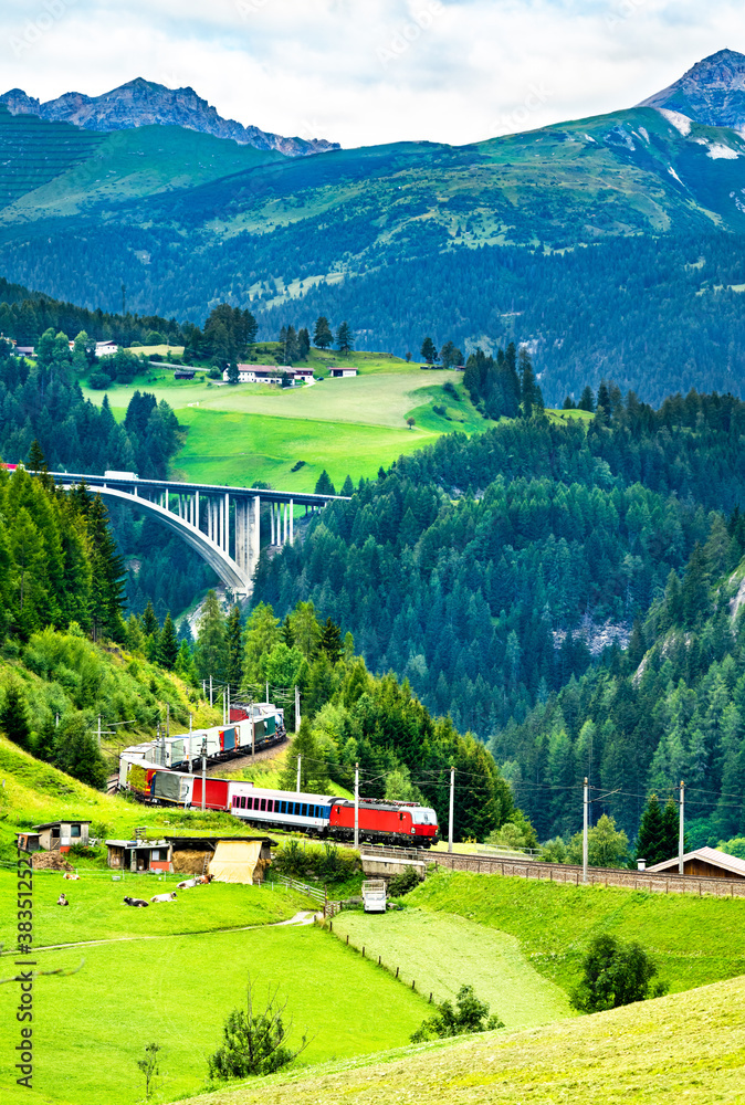 Freight train at the Brenner Railway in the Austrian Alps