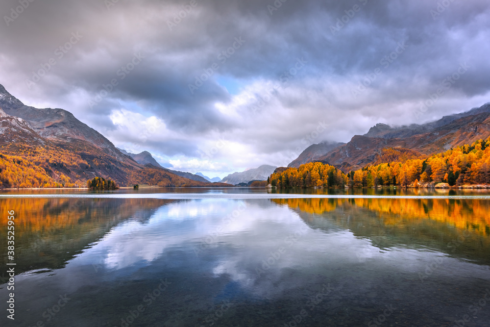 Atumn lake Sils (Silsersee) in Swiss Alps mountains. Colorful forest with orange larch. Switzerland,