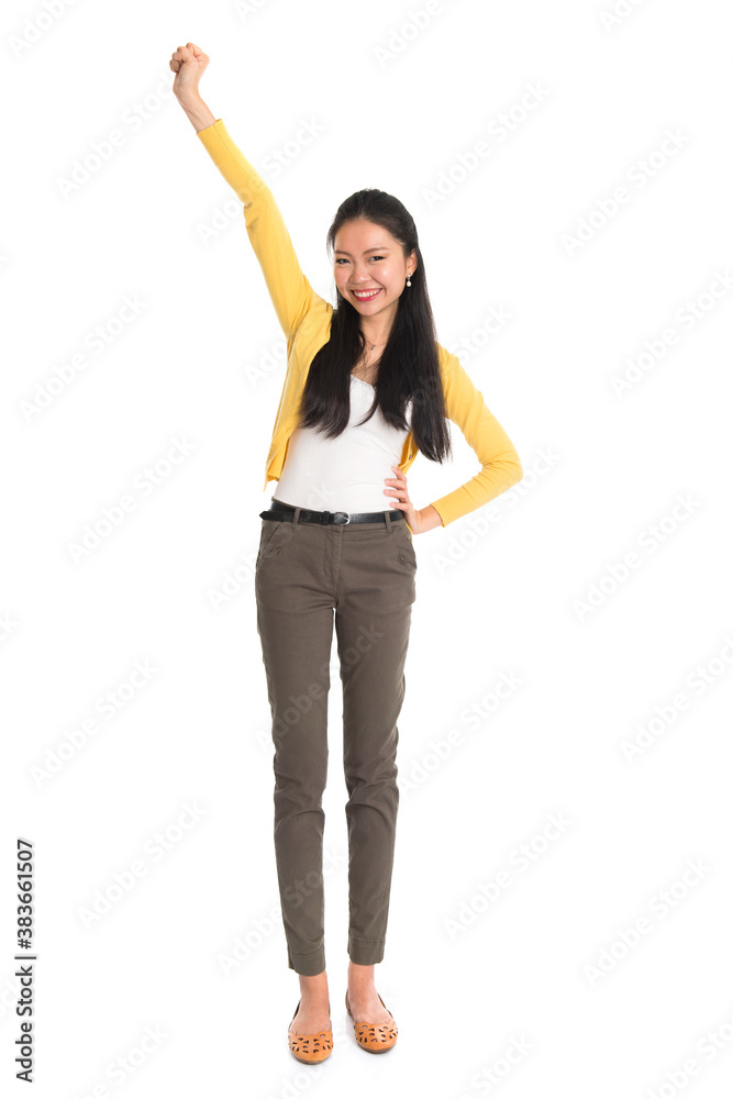 Asian woman one hand up