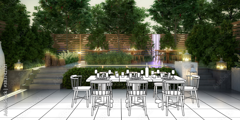 Garden Restaurant (illustration) - panoramic 3d visualization