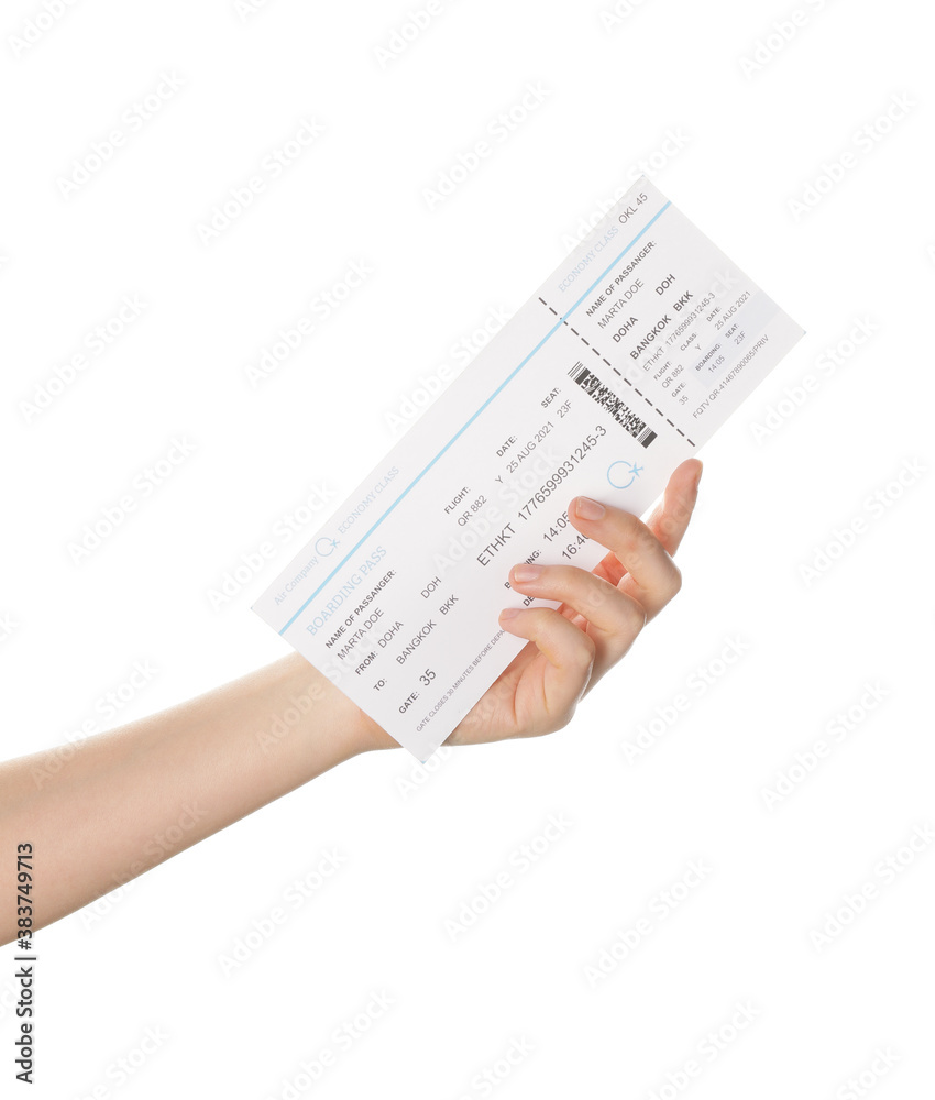 Female hand with ticket on white background