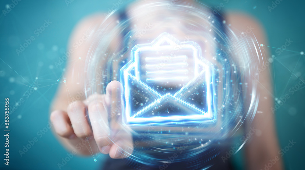 Woman using digital email blue holographic interface 3D rendering