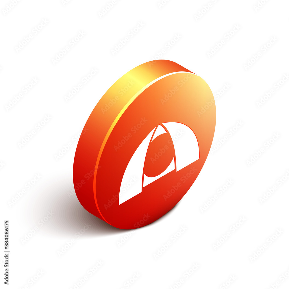 Isometric Tourist tent icon isolated on white background. Camping symbol. Orange circle button. Vect