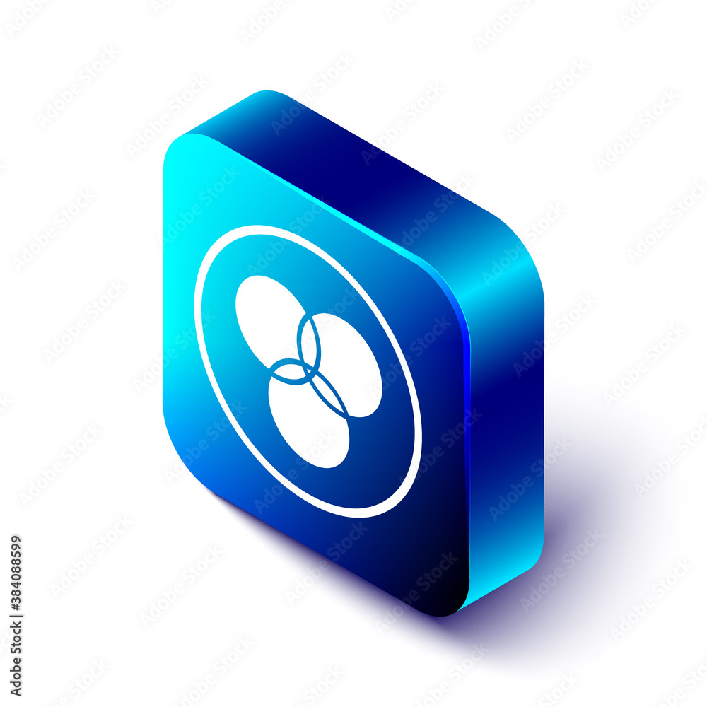Isometric RGB and CMYK color mixing icon isolated on white background. Blue square button. Vector.