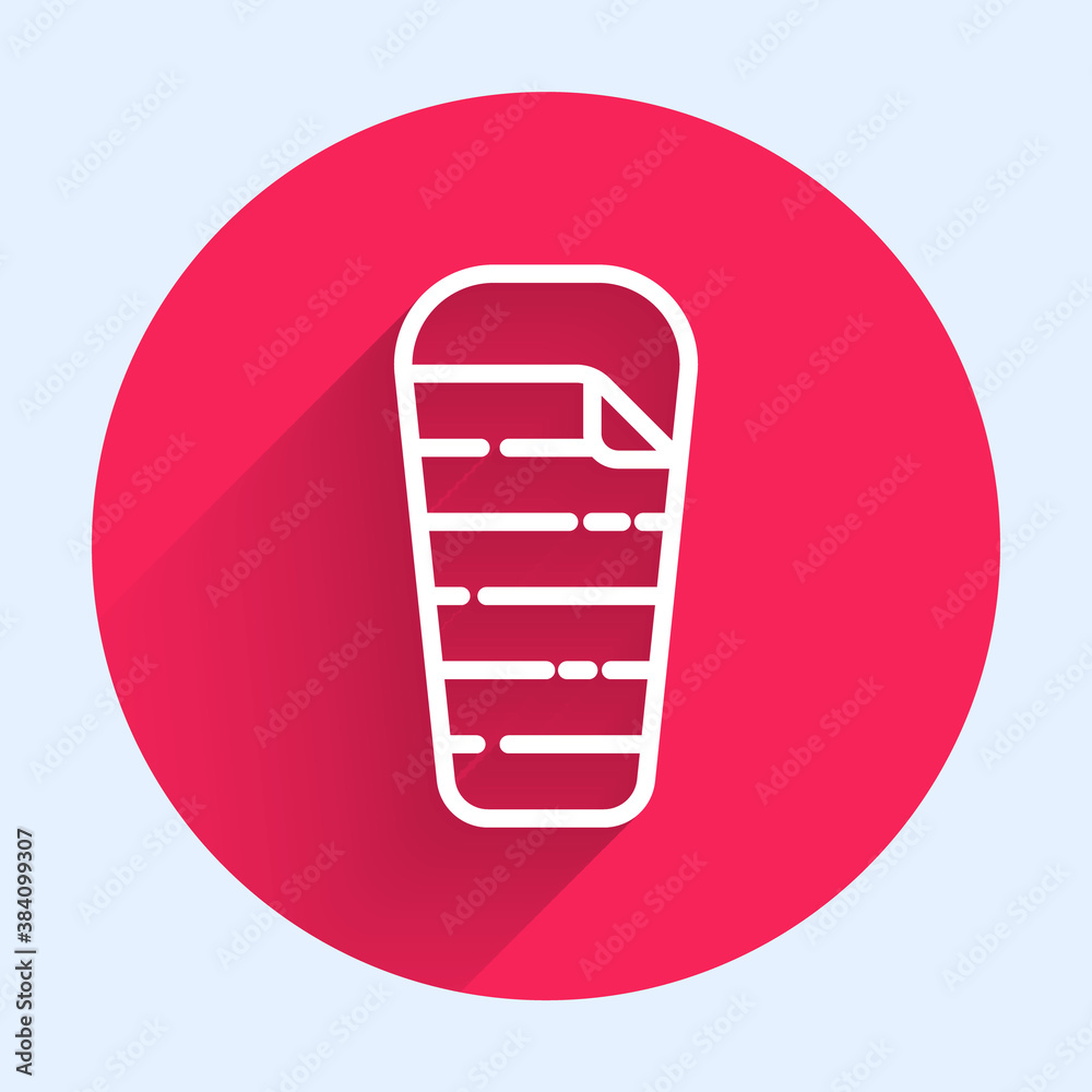 White line Sleeping bag icon isolated with long shadow. Red circle button. Vector.