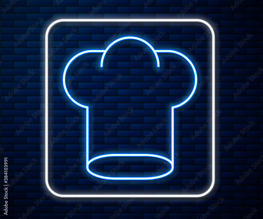 Glowing neon line Chef hat icon isolated on brick wall background. Cooking symbol. Cooks hat. Vector