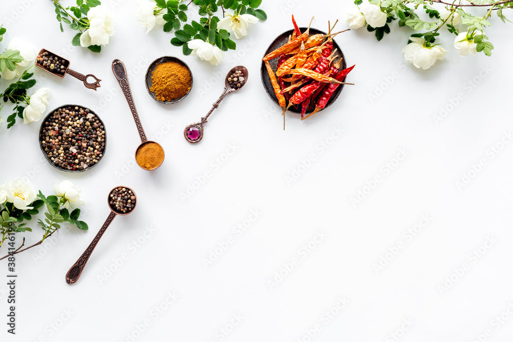Flat lay of Indian hot spices and herbs, top view