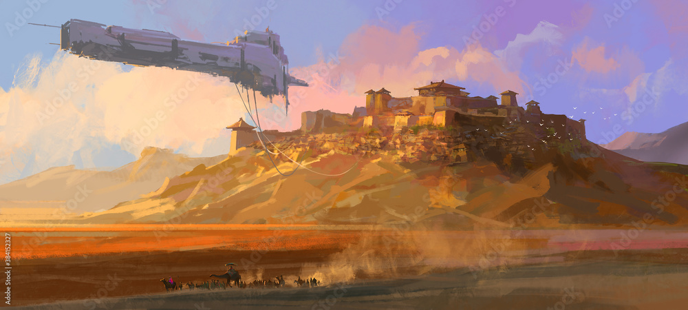 The dilapidated spaceship floating above the Gobi, digital painting.