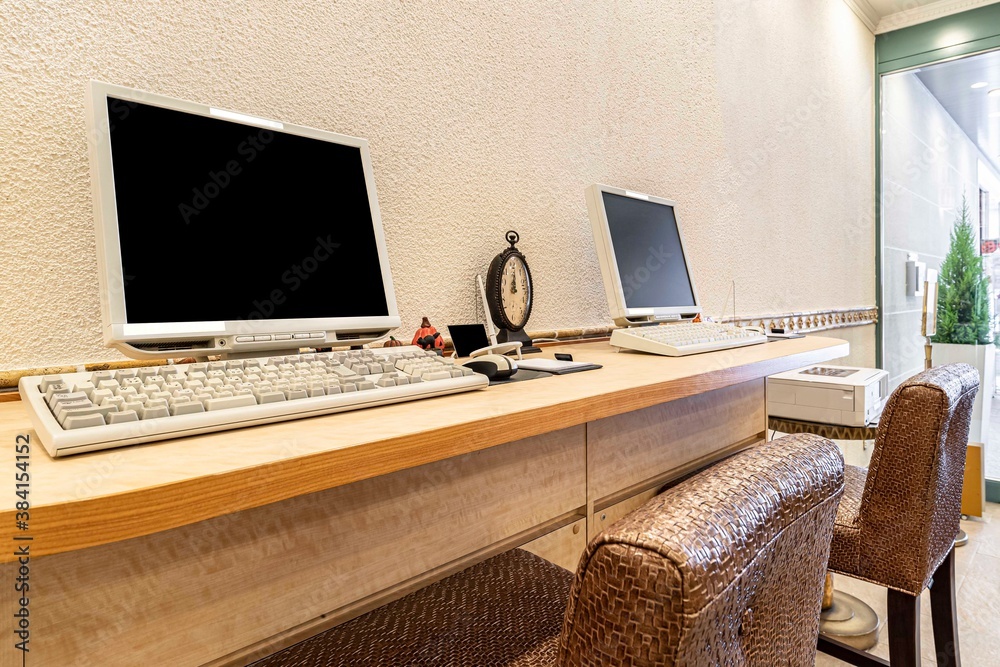 Computer corner for hotel guests in the lobby of a luxury hotel in Tokyo