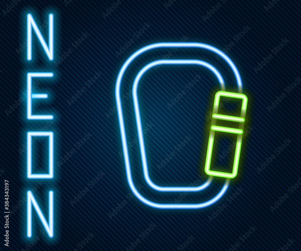 Glowing neon line Carabiner icon isolated on black background. Extreme sport. Sport equipment. Color