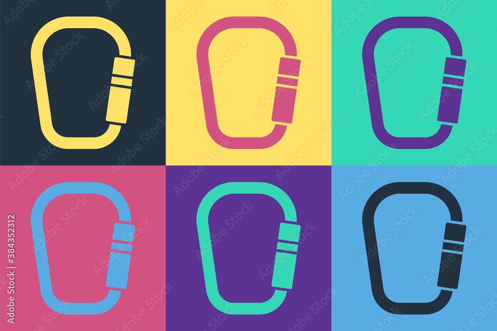 Pop art Carabiner icon isolated on color background. Extreme sport. Sport equipment. Vector.