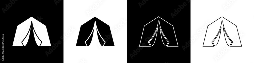 Set Tourist tent icon isolated on black and white background. Camping symbol. Vector.