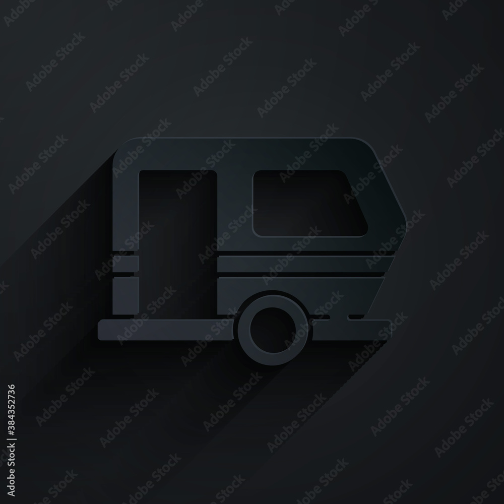 Paper cut Rv Camping trailer icon isolated on black background. Travel mobile home, caravan, home ca