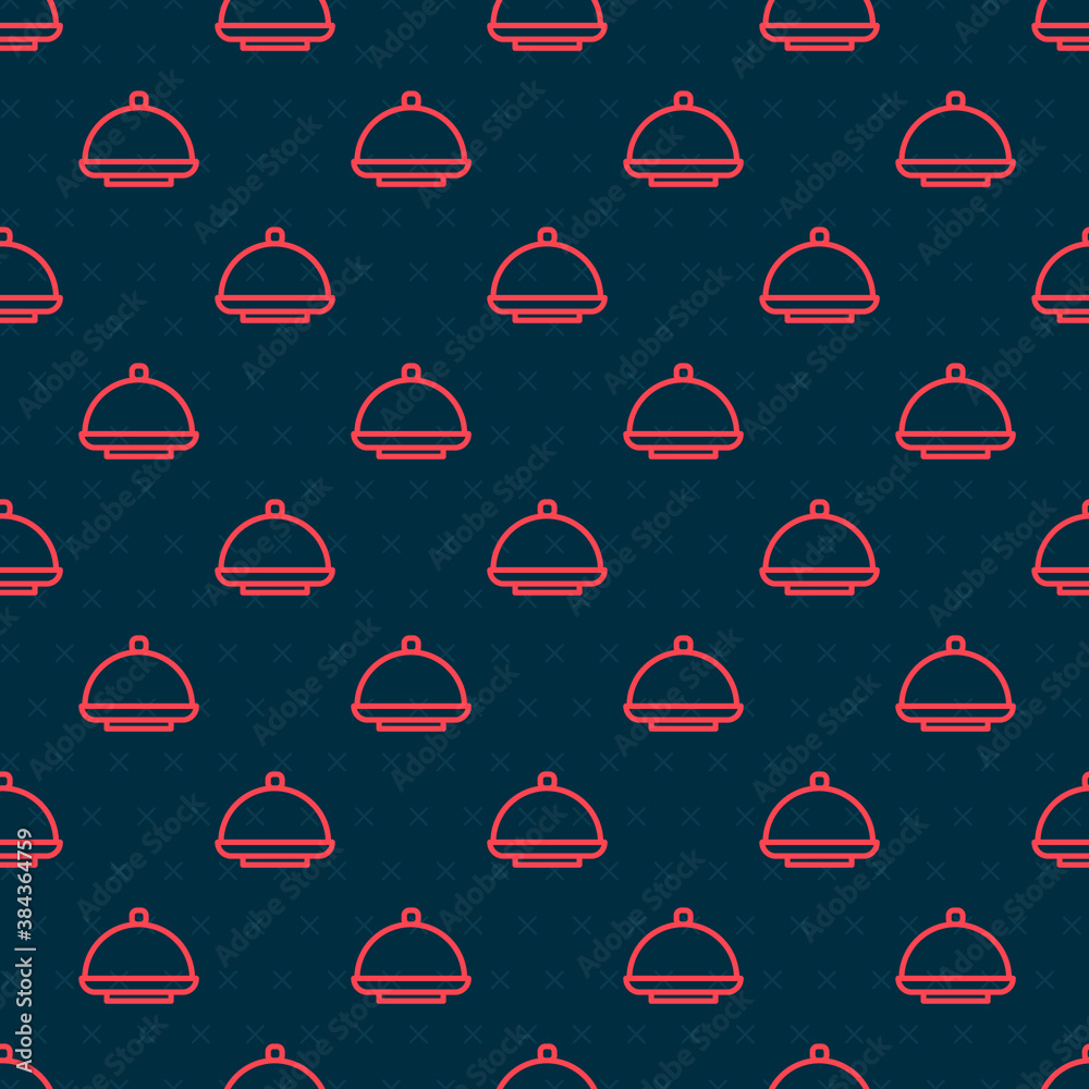 Red line Covered with a tray of food icon isolated seamless pattern on black background. Tray and li