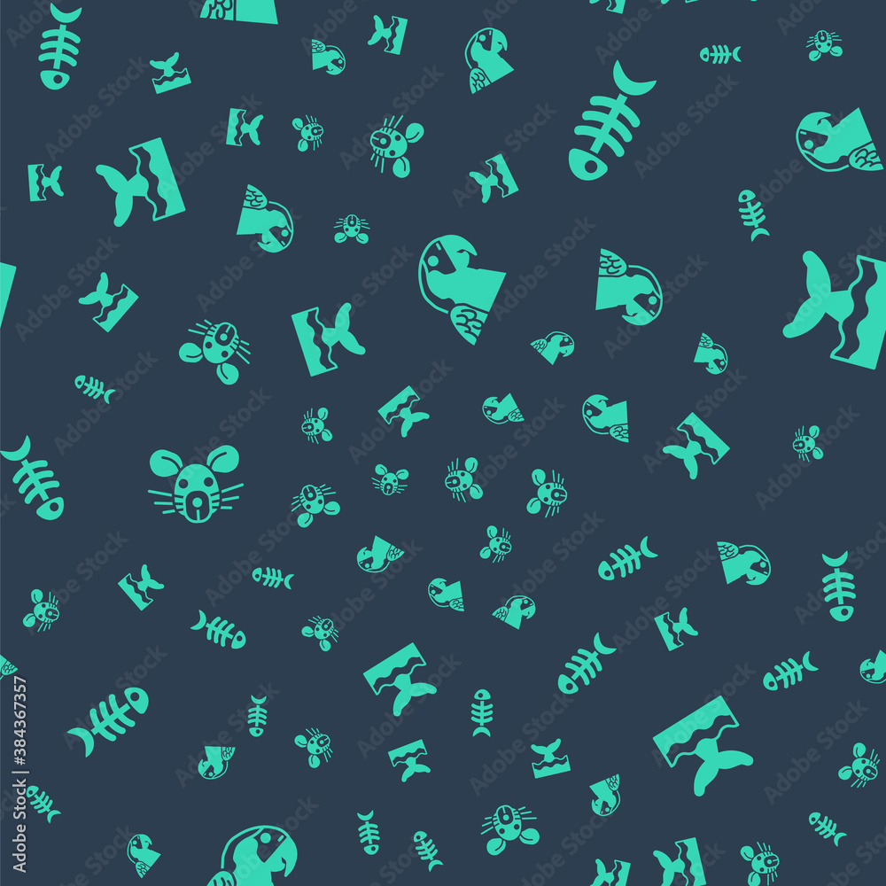 Set Macaw parrot, Fish skeleton, Rat head and Whale tail in ocean wave on seamless pattern. Vector.