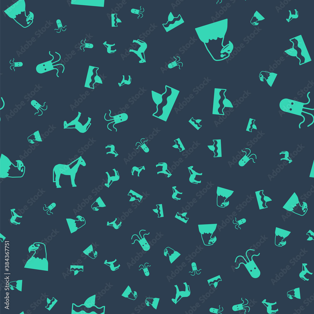 Set Shark fin in ocean wave, Eagle head, Horse and Octopus on seamless pattern. Vector.