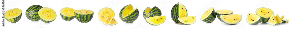 Ripe yellow watermelons on white background