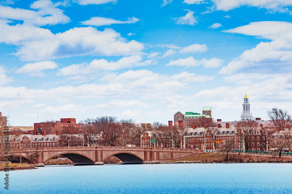 View of Boston University Bridge with Dunster House Cambridge panorama and Charles river Massachuset