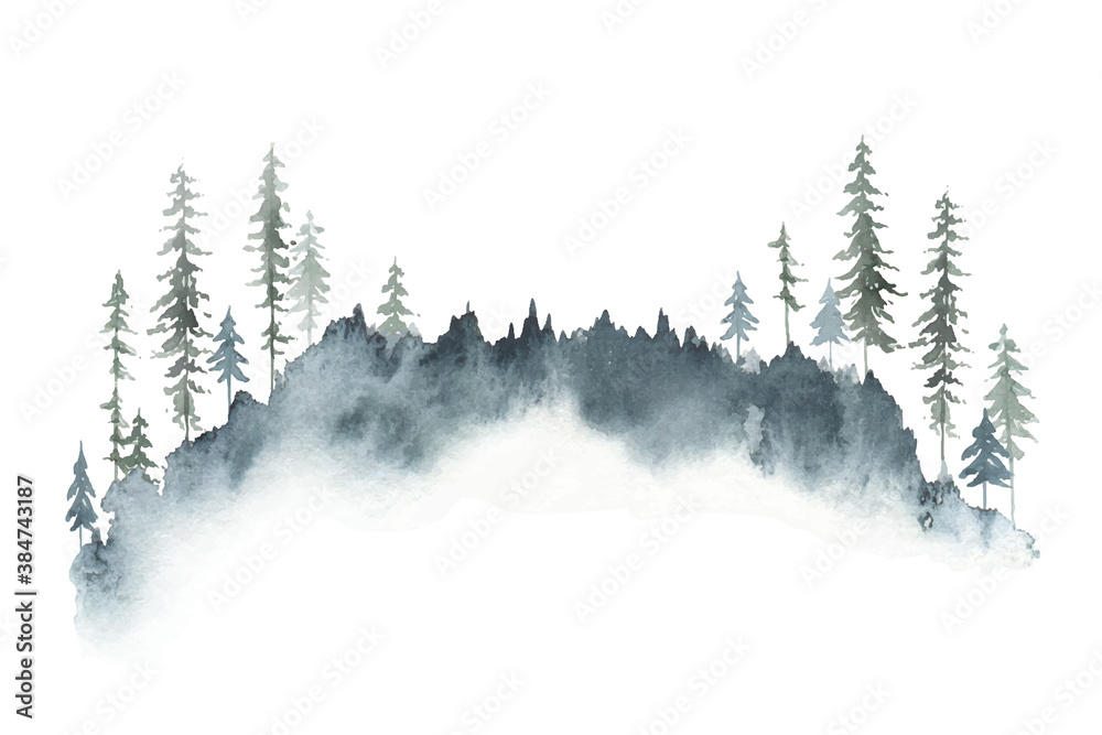 Watercolor vector winter forest landscape with fir trees.