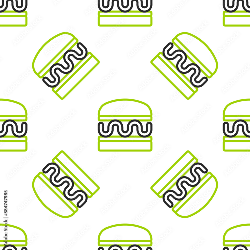 Line Burger icon isolated seamless pattern on white background. Hamburger icon. Cheeseburger sandwic