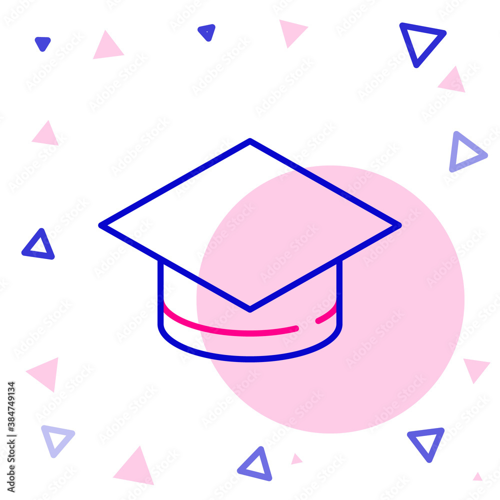 Line Graduation cap icon isolated on white background. Graduation hat with tassel icon. Colorful out