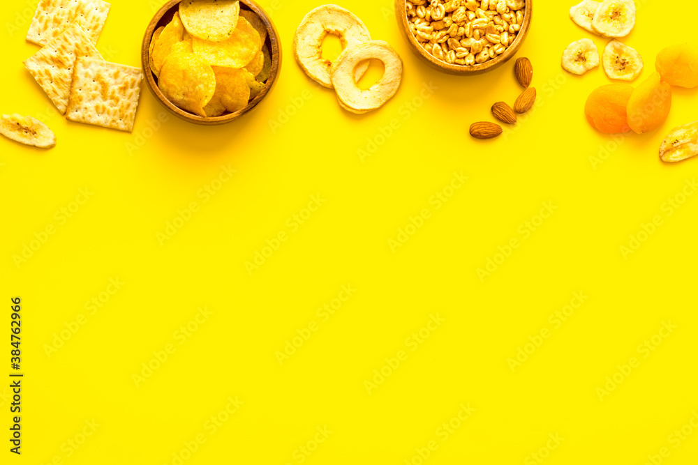 Appetizer snacks for company - nuts, dried fruits top view