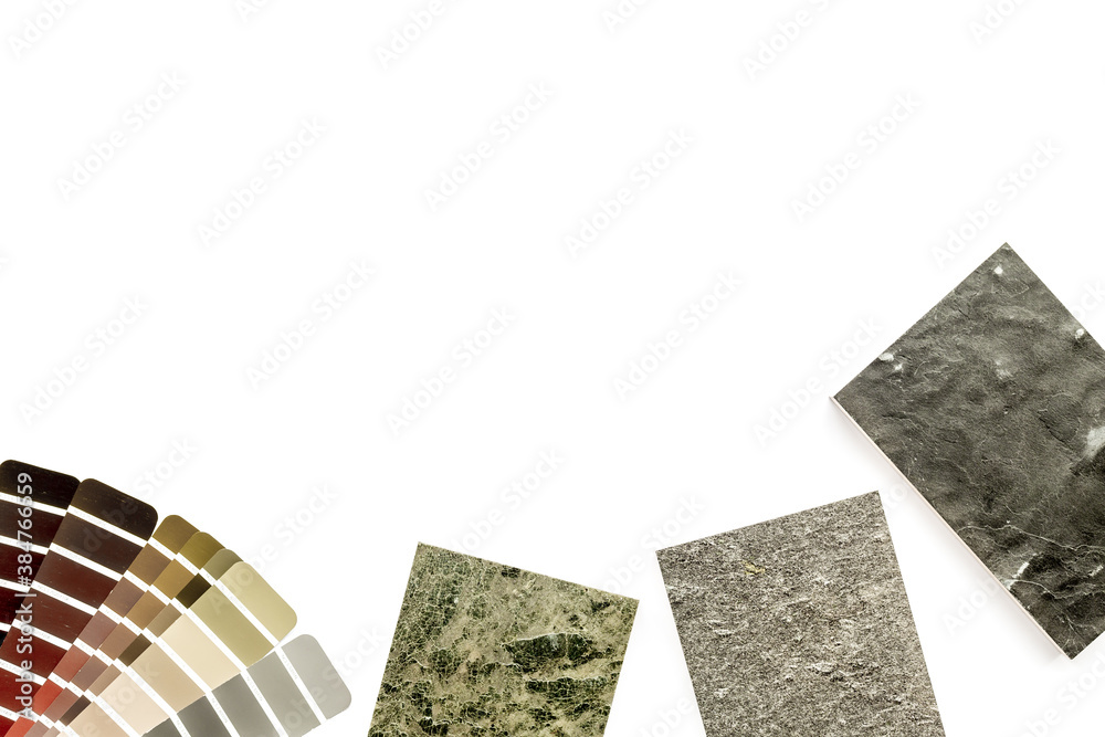 Sample of material and color scheme for interior design, above view