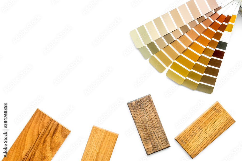 Wooden board floor and furniture samples with color scheme. Top view