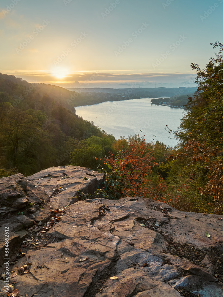 Lake Baldeneysee in Essen, Germany. Top view during the autumn sunrise.