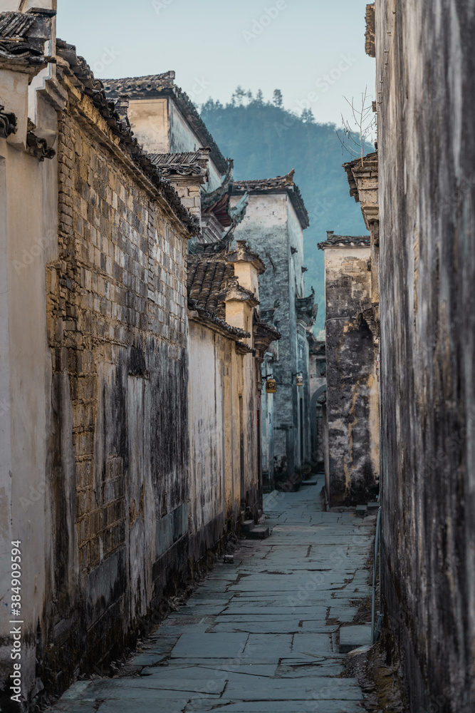 Sunrise view of the streets and architectures in Xidi village, an ancient Chinese village in Anhui P
