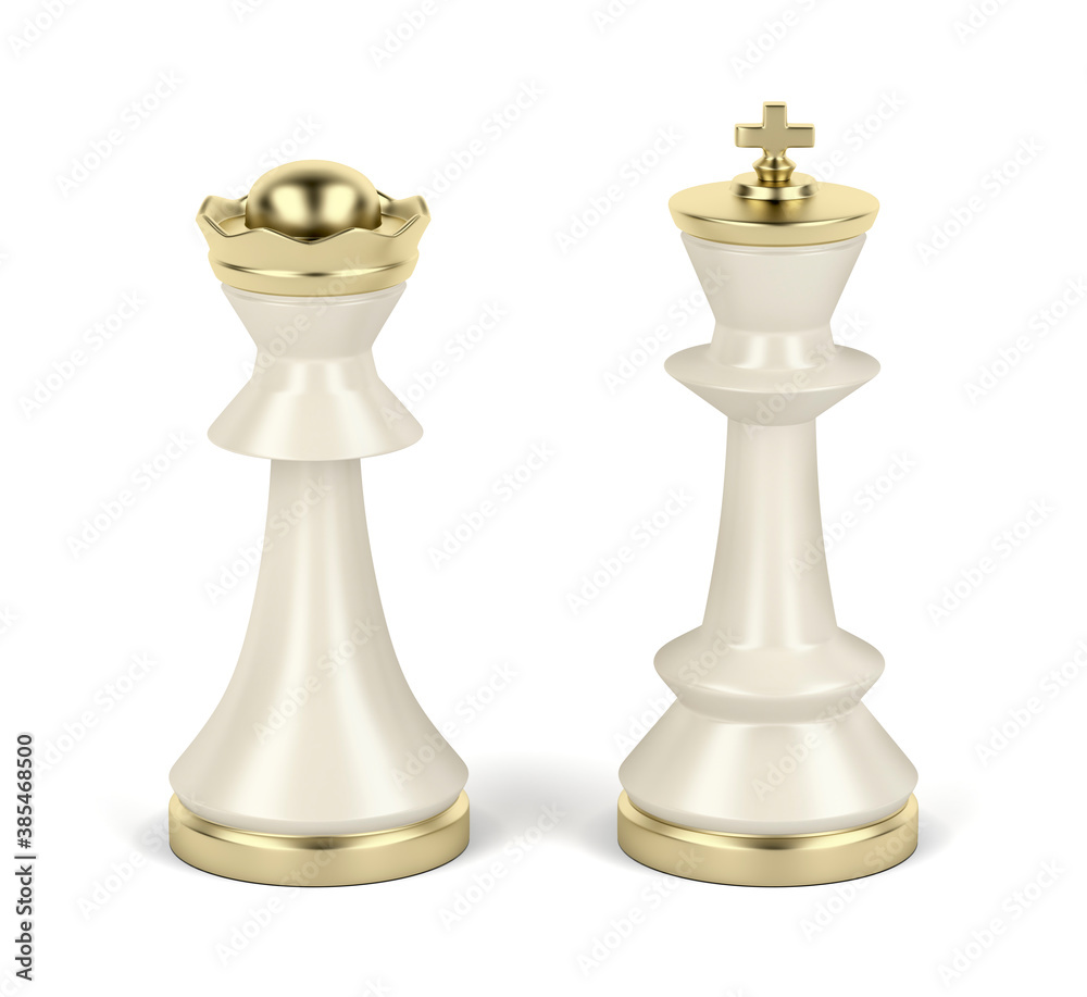 Queen and king chess pieces on white background