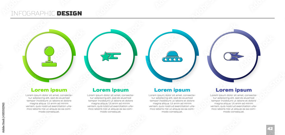 Set Joystick, Falling star, UFO flying spaceship and Comet falling down fast. Business infographic t