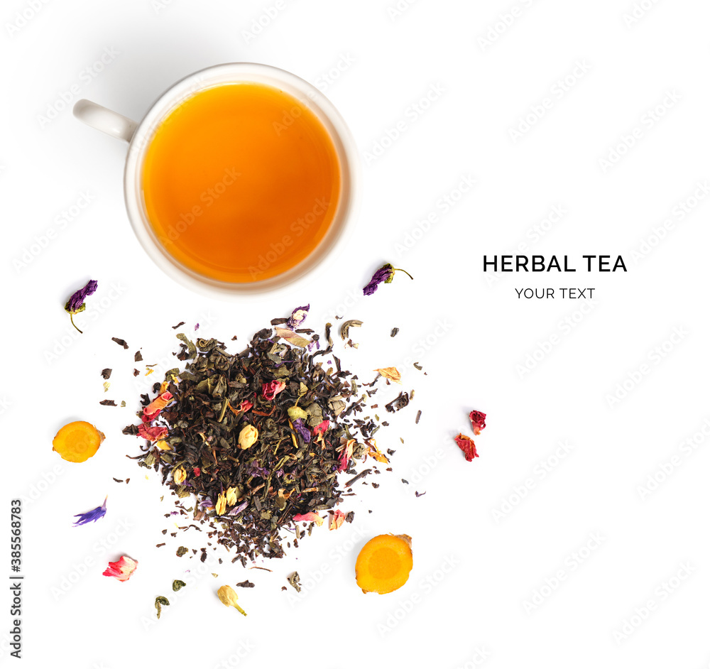 Creative layout made of cup of herbal tea on a white background. Top view.