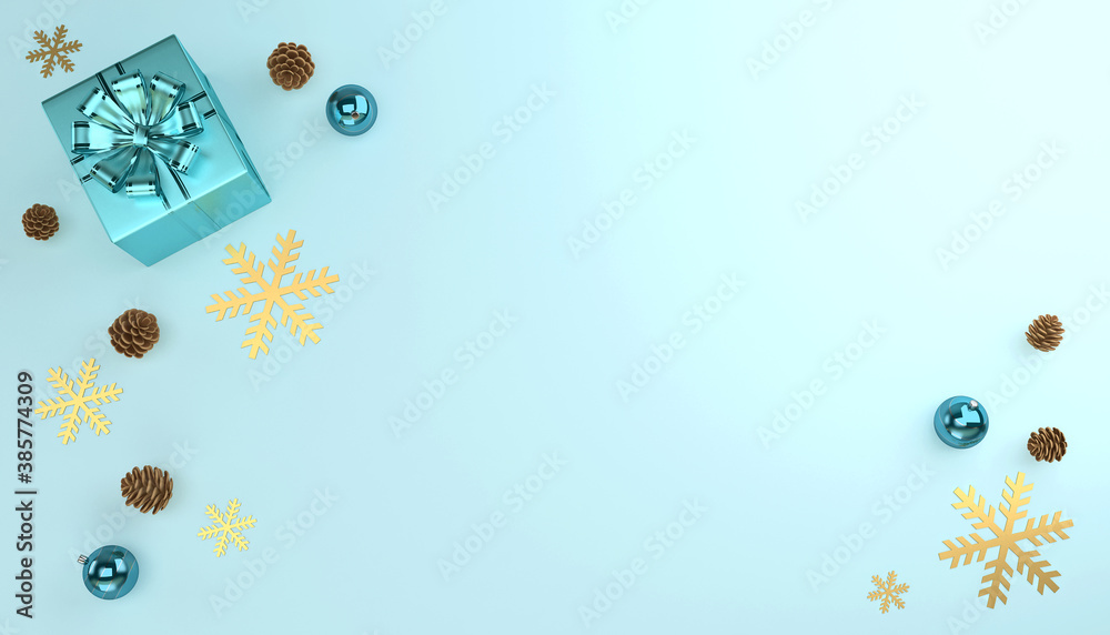 蓝色圣诞礼盒、闪闪发光的金色雪花、带有复制空间的装饰球