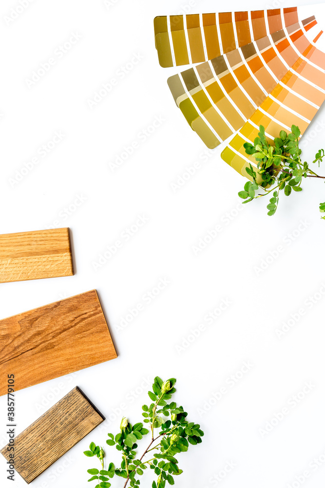 Sample of material and color scheme for interior design, above view