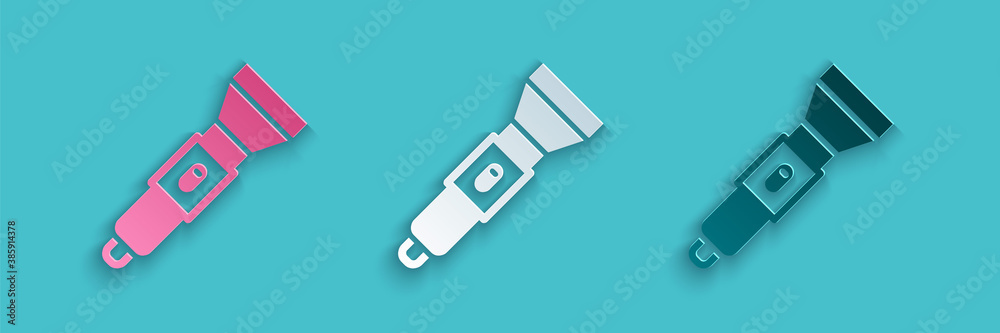 Paper cut Flashlight icon isolated on blue background. Paper art style. Vector.