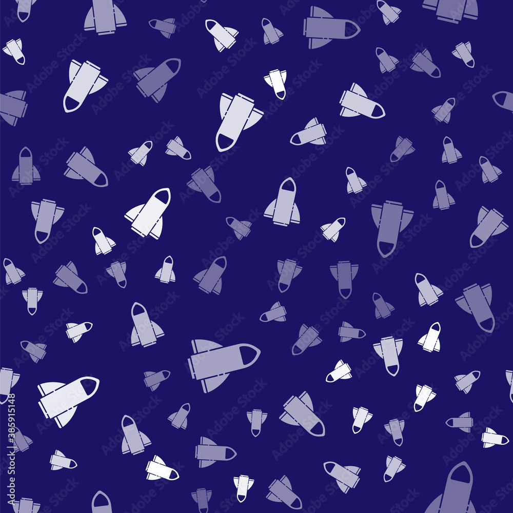 White Rocket ship icon isolated seamless pattern on blue background. Space travel. Vector.