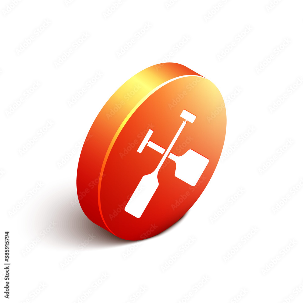 Isometric Paddle icon isolated on white background. Paddle boat oars. Orange circle button. Vector.