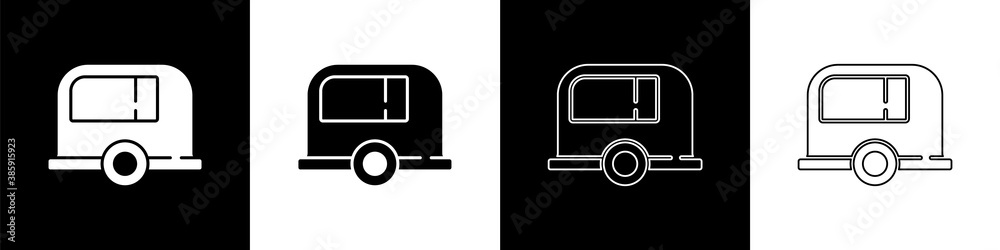 将Rv露营拖车图标隔离在黑白背景上。旅行移动房屋，房车，hom