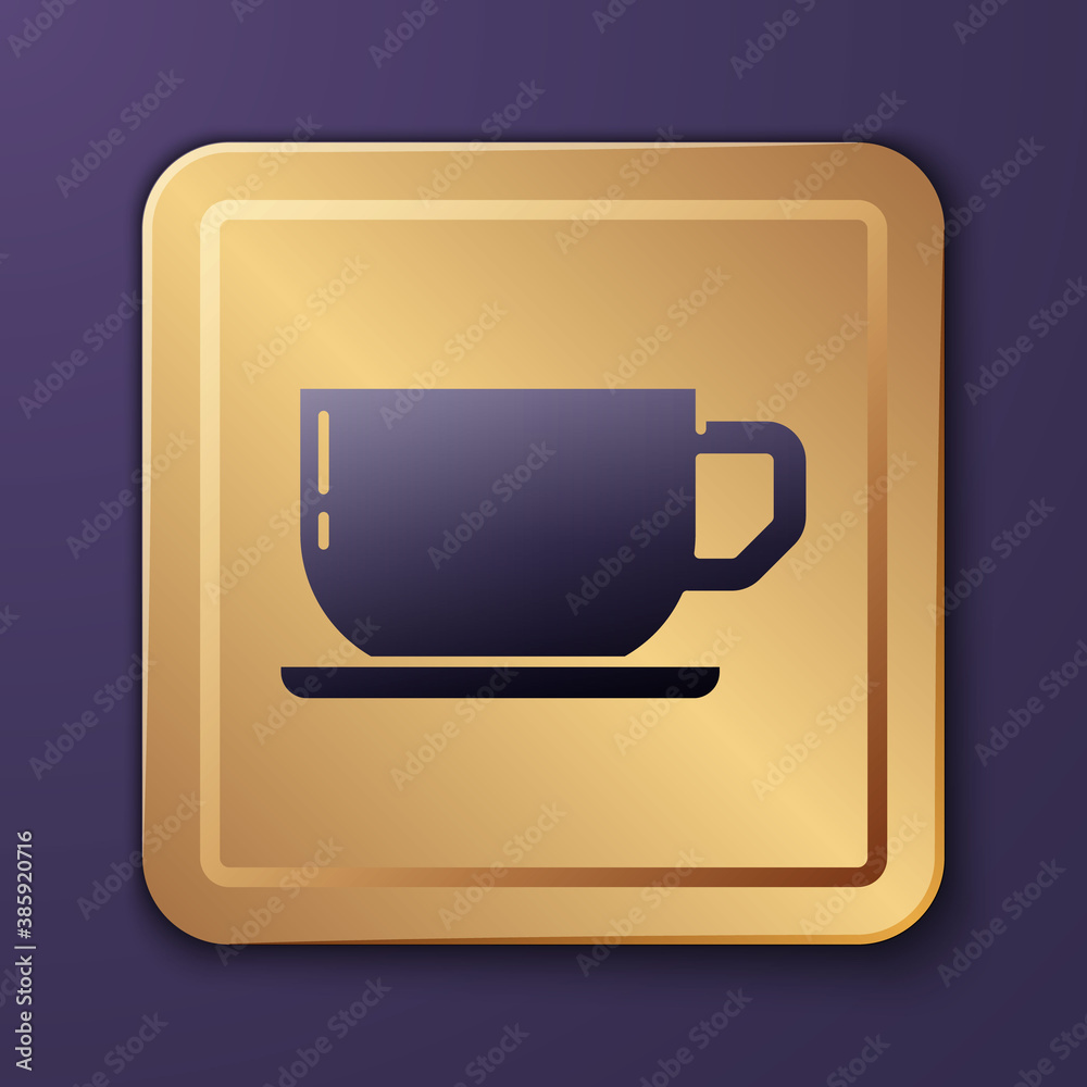 Purple Coffee cup icon isolated on purple background. Tea cup. Hot drink coffee. Gold square button.