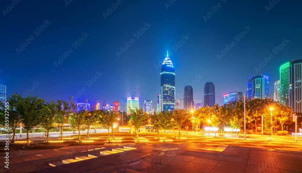 Modern city high-rise buildings, night view of Shaoxing Central Business District, China.