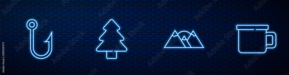 Set line Mountains, Fishing hook, Forest and Camping metal mug. Glowing neon icon on brick wall. Vec