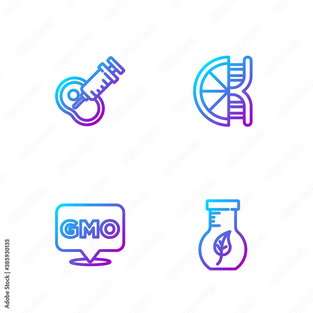 Set line Test tube and flask, GMO, Genetically modified meat and orange. Gradient color icons. Vecto