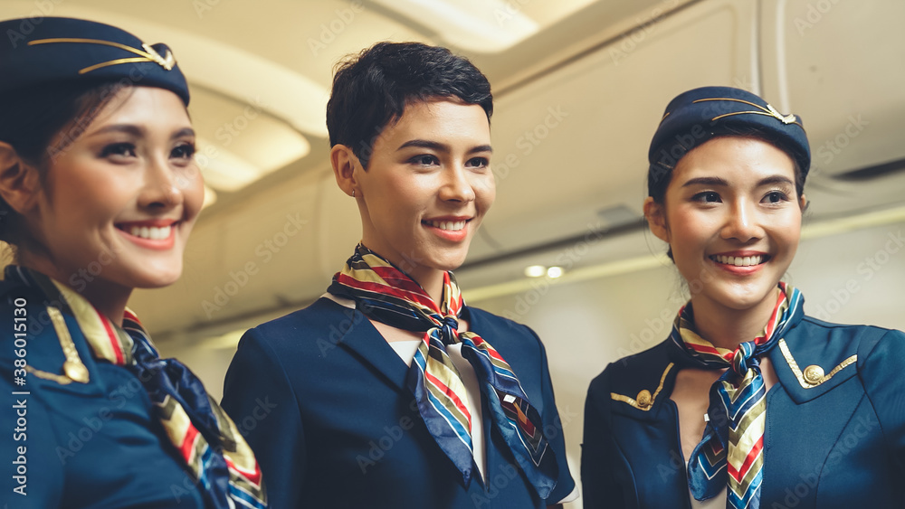 Group of cabin crew or air hostess in airplane . Airline transportation and tourism concept.
