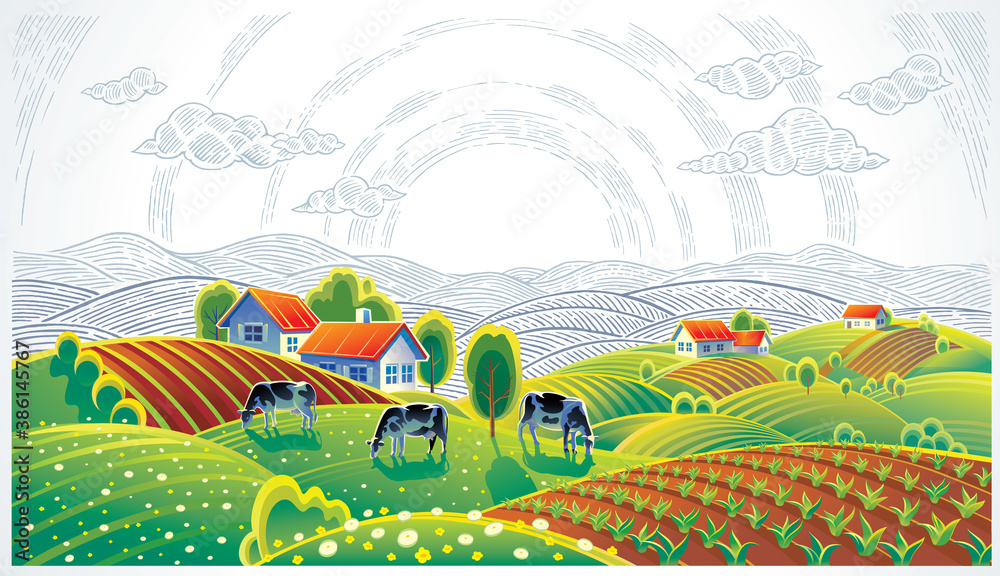 前景中有一群奶牛和一个村庄的乡村景观插图和图形