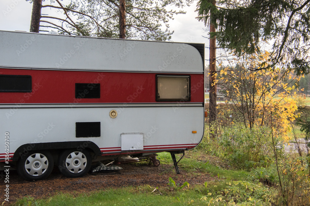 Recreational vehicle in nature setting.