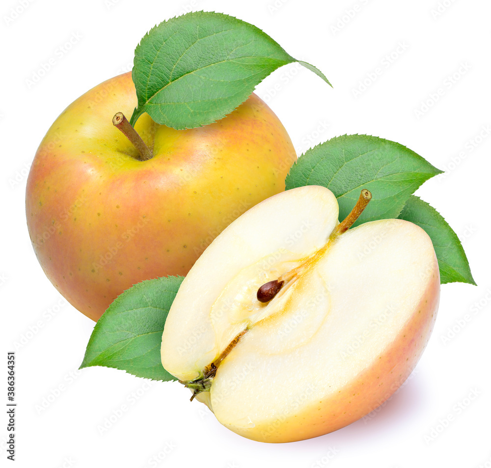 Yellow apple fruit isolated on white Background, Toki apple fruit with leaf isolated on white With c