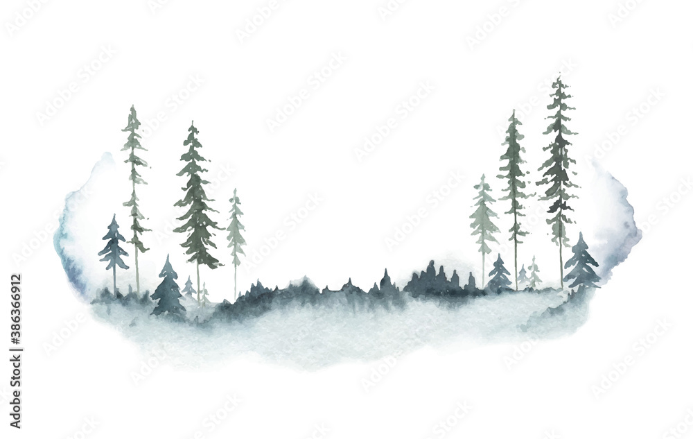 Watercolor vector winter forest landscape with fir trees.